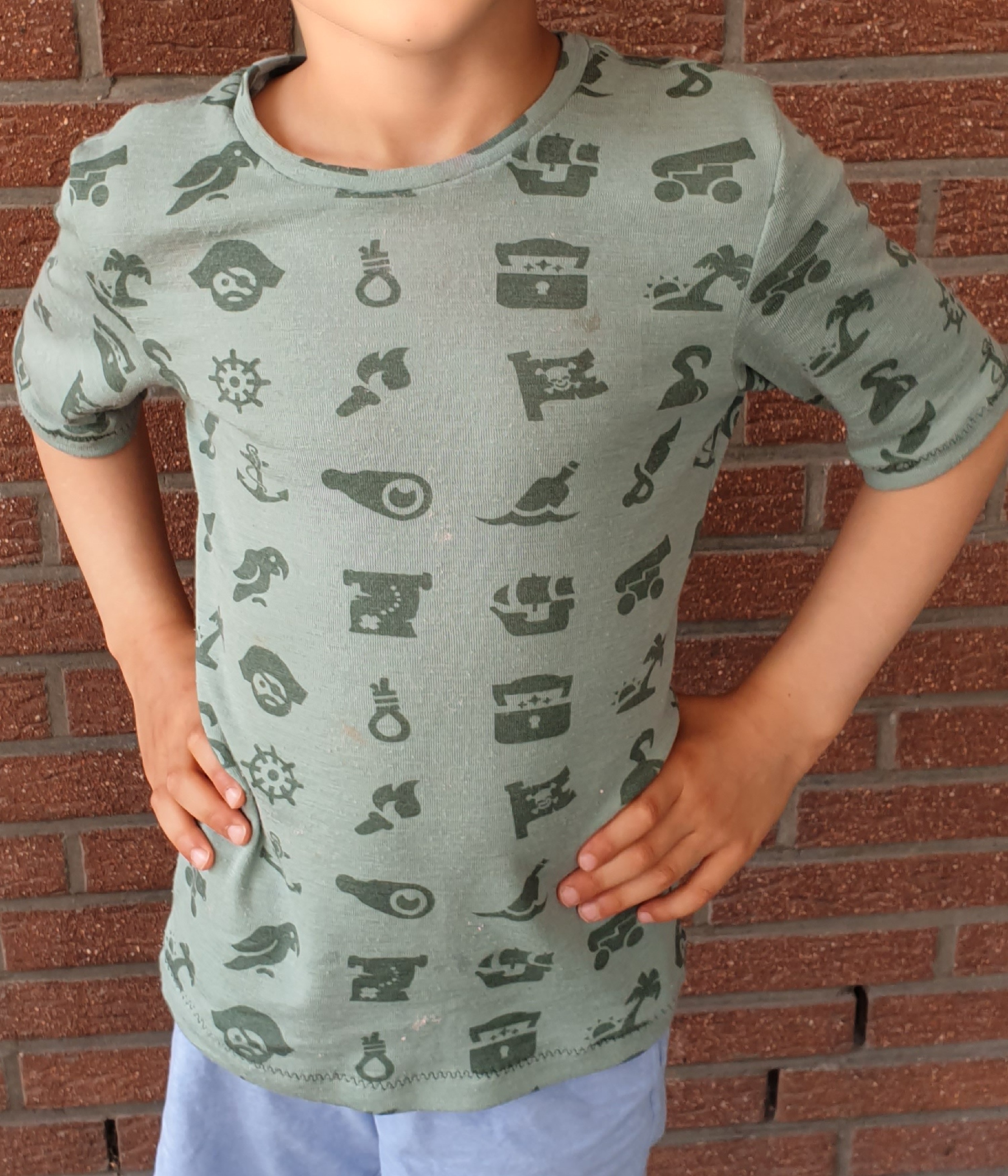 Bio Wolle / Seide Jersey  Piratenwelt auf Birkengrün (kbT)